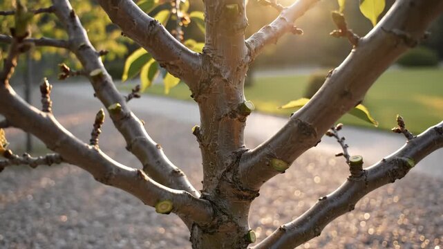 Close-up of a recently pruned young tree in a garden. Spring growth with new leaves and buds after seasonal trimming. Horticulture and tree care concept in golden hour sunlight