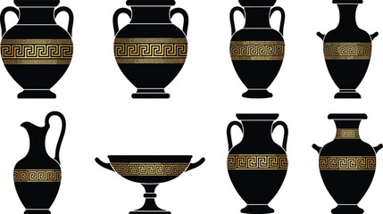 Eight Ancient Greek Black Silhouette Ceramic Pottery Amphora Vase Collection with Golden Meander Pattern Vector Illustration Set Isolated on White Background © MD