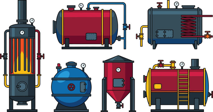 Set of industrial boilers and heating systems flat vector illustration of factory equipment for energy production and engineering concepts isolated on white