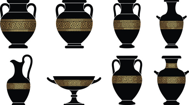 Eight Ancient Greek Black Silhouette Ceramic Pottery Amphora Vase Collection with Golden Meander Pattern Vector Illustration Set Isolated on White Background