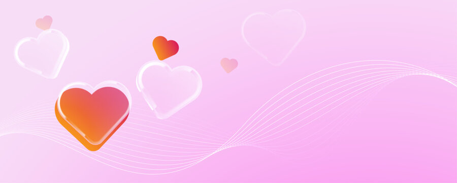 Soft pink abstract background with 3D floating hearts and waves