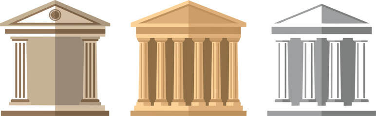 Fototapeta premium Three Flat Design Ancient Greek Roman Temple Building Icon Vector Illustration Set Brown Beige Gray Color Isolated on White Background
