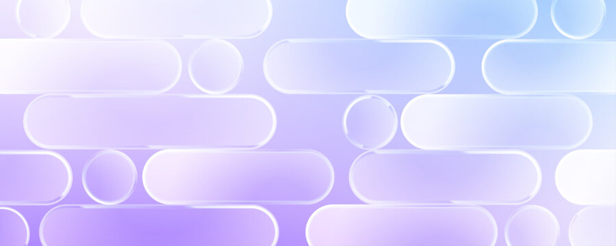 Abstract 3D glass pills and circles on pastel purple background