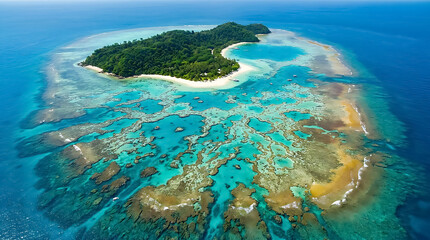 Obraz premium Aerial view of a tropical island surrounded by coral reefs and turquoise water