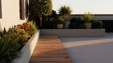 Naklejka premium Modern minimalist urban garden with plants and wooden deck. Lush greenery, red flowers, planters create serene outdoor city space. Relaxing rooftop terrace provides tranquil escape.