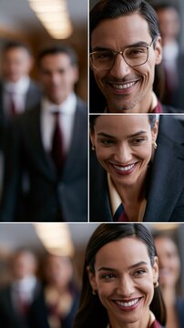 Ein Collage aus vier Portr&auml;ts l&auml;chelnder junger Gesch&auml;ftsleute in eleganter Berufskleidung mit Krawatten.