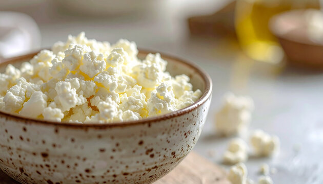 Cottage cheese in rustic ceramic bowl, creamy curd texture, blurred kitchen backdrop, organic tasty food aesthetic.