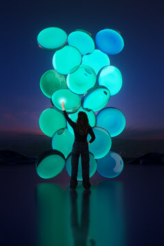 3D cyan bubble tower with woman interacting and reflective horizon