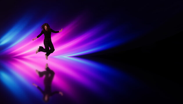 3D magenta motion beam with woman and mirror floor