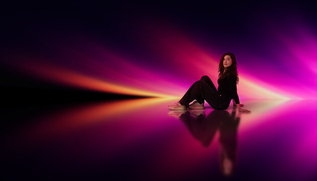 3D pink horizon glow with seated woman and reflection
