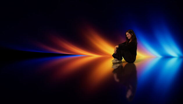 3D amber blue beam with seated woman and mirror floor