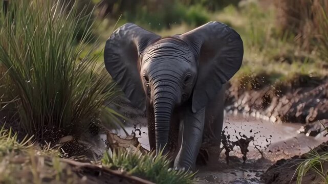 Baby Elephant Splashing Joyfully in a Mud Puddle in the Wild