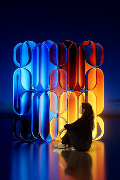 3D chromatic glass wall with seated woman and reflection