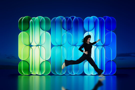 3D green blue panel with woman crossing reflective floor