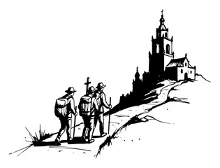 Obraz premium Pilgrims Hiking to a Hilltop Church Hand-Drawn Black and White Vector Illustration
