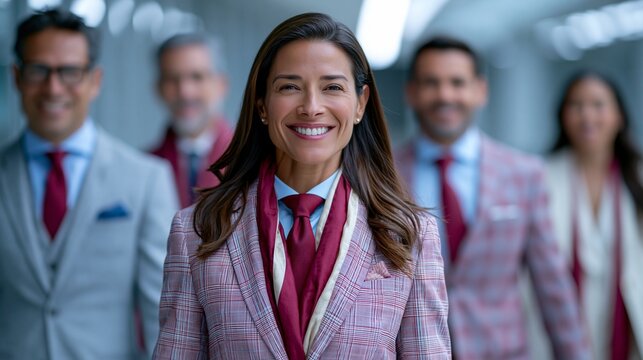 Eine l&auml;chelnde Gesch&auml;ftsfrau in rosa Blazer und rotem Halstuch f&uuml;hrt ein Team in formeller Kleidung durch einen Korridor.