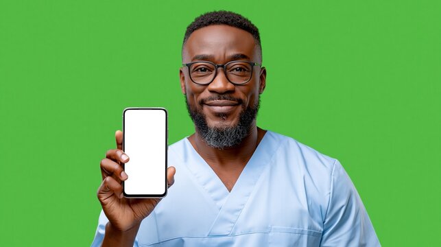 Ein l&auml;chelnder afroamerikanischer Krankenpfleger h&auml;lt ein Smartphone mit wei&szlig;em Bildschirm vor gr&uuml;nem Hintergrund.
