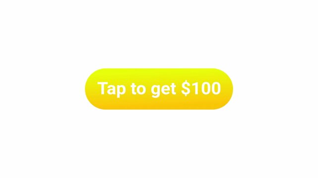 100 dollar cash reward button animation on transparent background, tap to get money button icon sign animated with alpha channel.