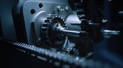 Naklejka premium Complex metallic machine parts showcasing gears, a shaft, and a chain, representing technology, precision manufacturing, and the inner workings of mechanical systems
