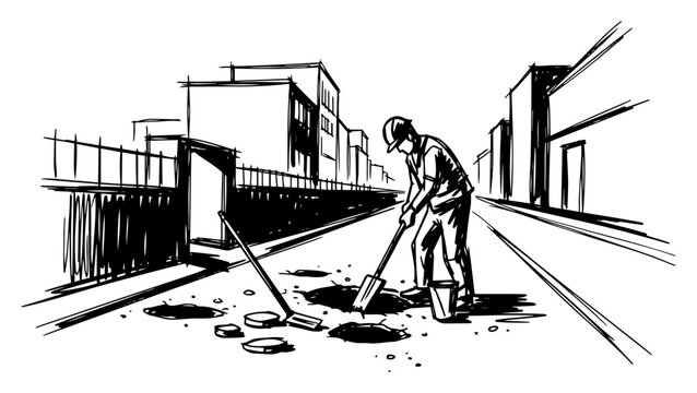 Road Worker Repairing Potholes with Shovel Street Maintenance Black and White Vector Illustration