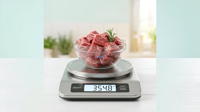 Raw Beef Cubes Weighed on Digital Kitchen Scale with Rosemary Sprig