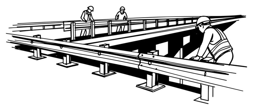 Bridge construction workers installing guardrail beams hand drawn line art vector illustration