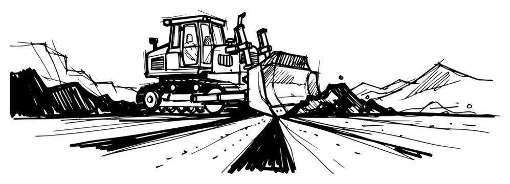 Bulldozer grading new road in mountain landscape hand drawn line art vector illustration