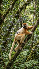 Fototapeta premium Lemur surrounded by a swarm of surveillance drones in lush jungle