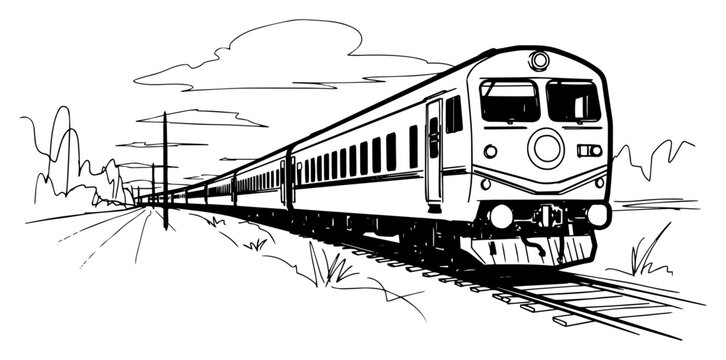 Passenger train on rural railway tracks front view hand drawn line art vector illustration
