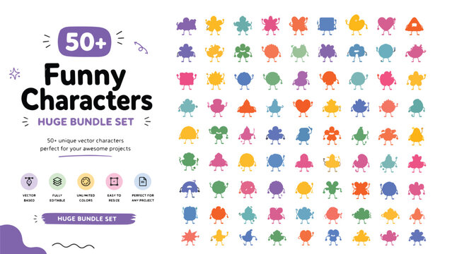 Funny characters bundle set, 50 plus unique vector monsters, colorful geometric mascot collection for kids branding and web design