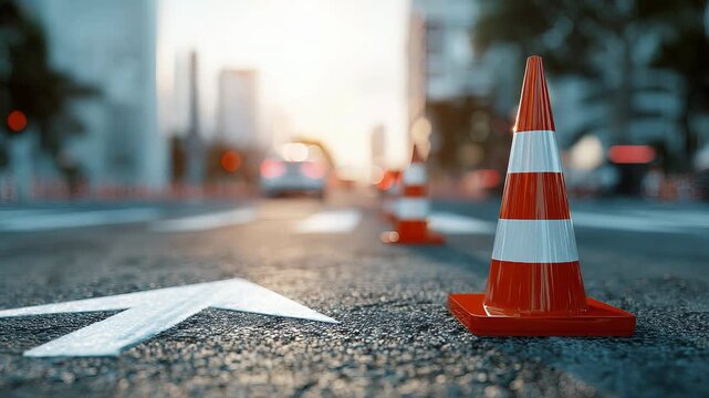 Traffic cones on road with electronic arrow sign pointing right, white car in distance, urban street traffic diversion scene
