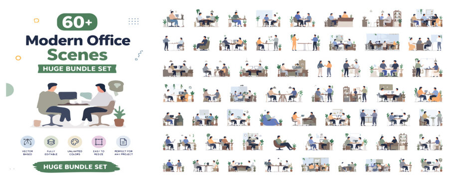 Modern office scenes bundle, 60 plus business character illustrations, professional workplace teamwork and corporate meeting vector set
