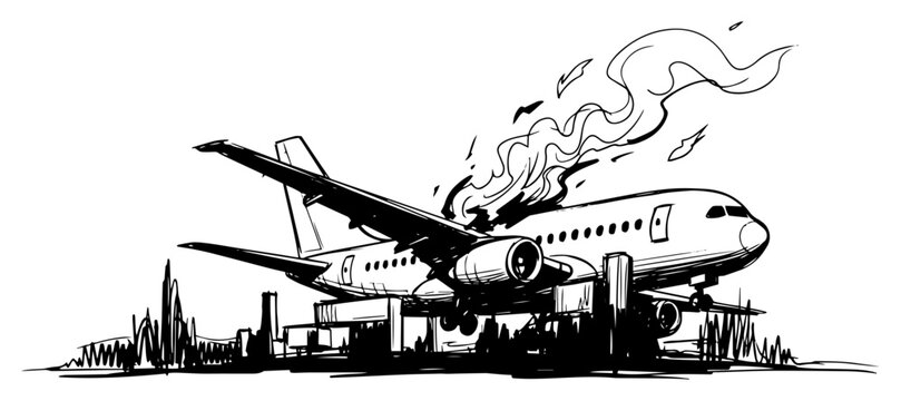 Passenger Airplane on Fire Emergency Landing at Airport Black and White Vector Illustration