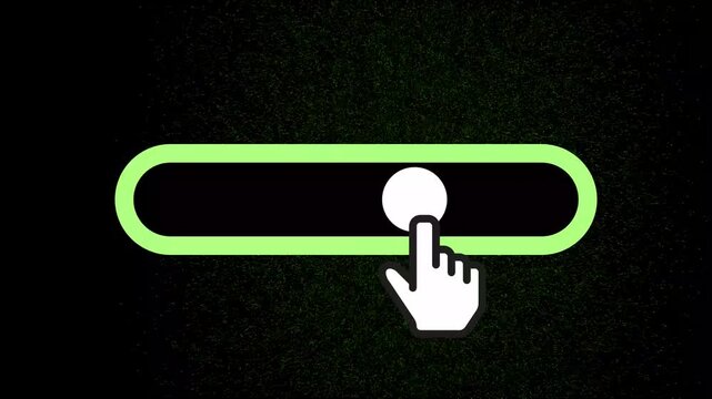 Close up of hand clicking and sliding a green toggle switch button on a dark background. Concept of digital activation and user interface interaction.
