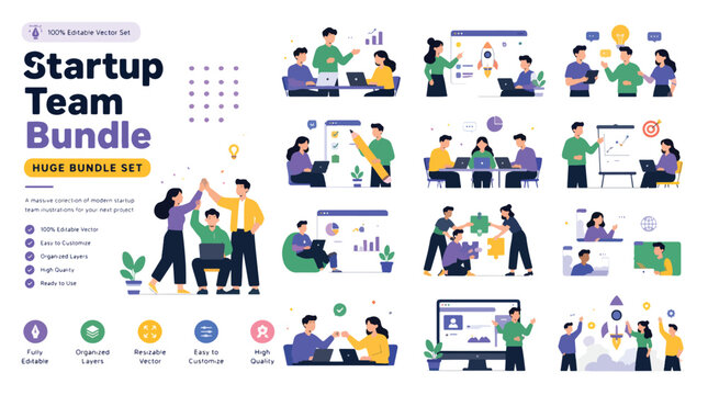 Startup Team Bundle, Flat Business Character Illustrations for Corporate Collaboration, Office Workflow and Creative Project Management Vector Set