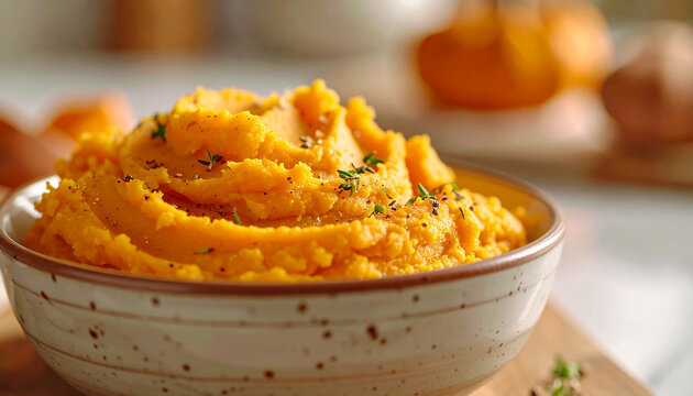Creamy whipped mashed sweet potatoes in ceramic bowl, appetizing sweet food aesthetic. Cooking and culinary concept.