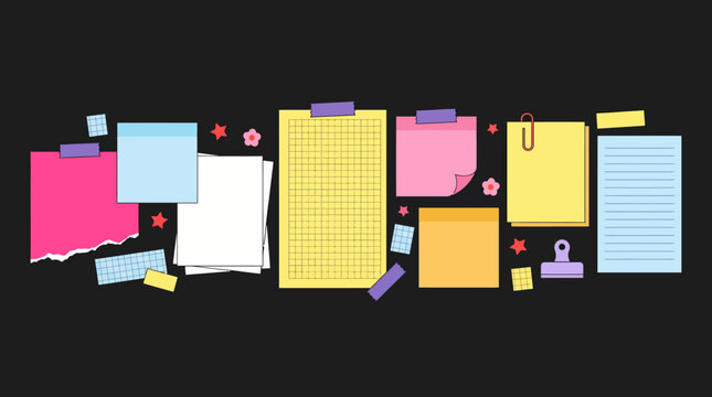 Colorful sticky notes on a corkboard with push pins and clips against a dark background, organized in a creative memo board