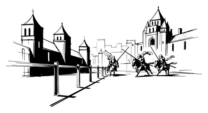 Medieval tournament knights in combat at castle list hand drawn line art vector illustration