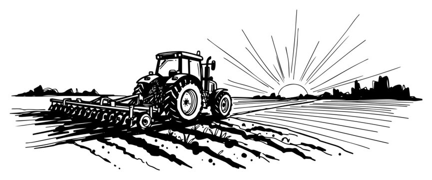 Tractor Plowing Field at Sunrise Rural Agriculture Hand Drawn Black and White Vector Illustration