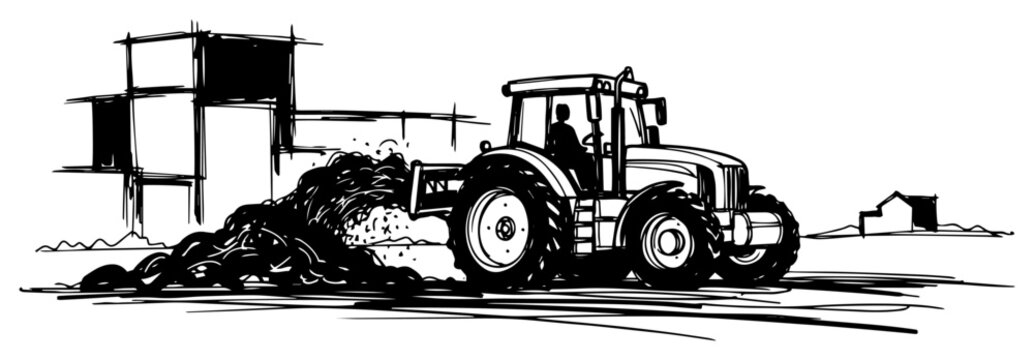 Farm Tractor Spreading Manure on Field Rural Agriculture Black and White Vector Illustration