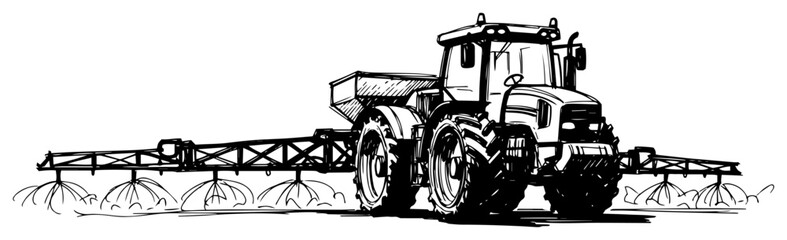 Agricultural Tractor with Wide Boom Sprayer Applying Pesticide on Crop Field Black and White Vector Illustration © Mago