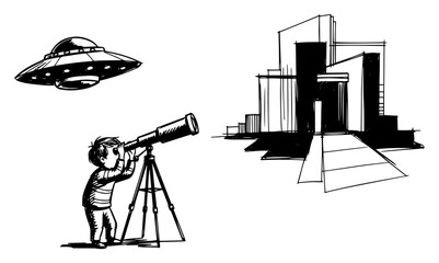 Child astronomer with telescope observing flying saucer hand drawn line art vector illustration © Mago