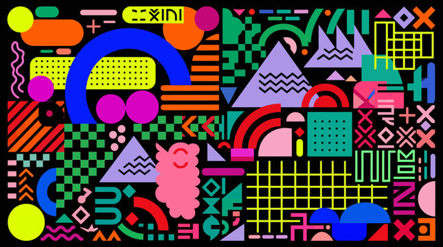 Vibrant abstract geometric collage featuring neon colors, bold patterns, and retro pop-art inspired shapes