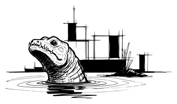 Sea Monster Emerging in Harbor Urban Waterfront Black and White Vector Illustration