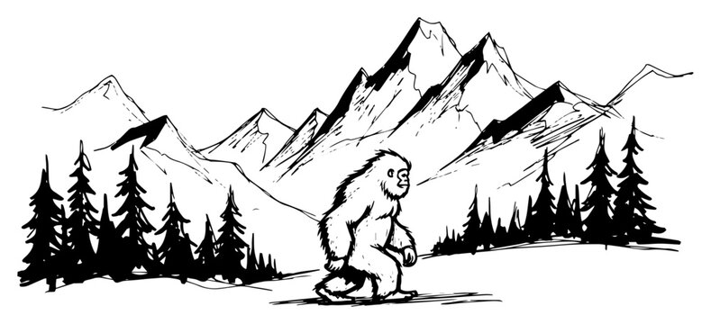 Yeti Bigfoot Walking in Alpine Mountain Forest Black and White Vector Illustration