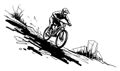 Mountain Biker Descending Rocky Trail Hand Drawn Black and White Vector Illustration © Mago