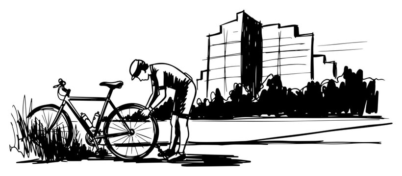 Cyclist Fixing Flat Tire on City Path Hand Drawn Black and White Vector Illustration