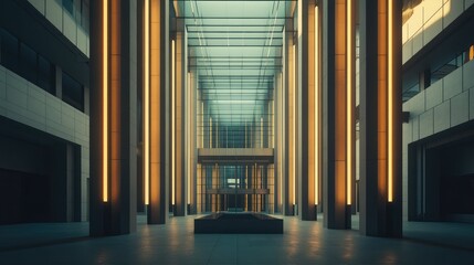 Fototapeta premium Large contemporary building atrium featuring soaring columns with integrated neon lighting, a glass roof, and symmetrical architectural design creating a futuristic and impressive interior space