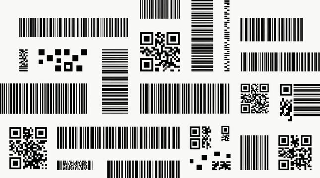 Abstract collage of barcodes, QR codes, and data matrix patterns on a white background, showcasing digital codes and geometric black-and-white design.