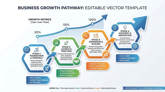 A professional vector infographic showing a 5-step linear process toward business success, featuring colorful hexagonal icons and an upward-sloping growth arrow